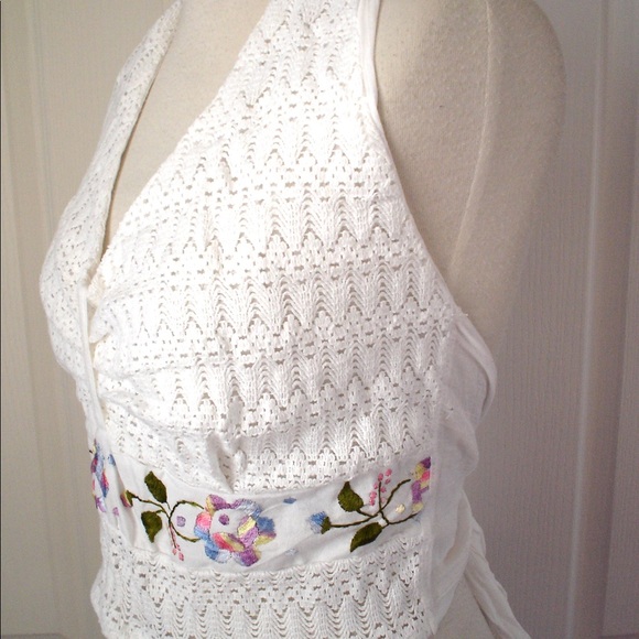 Vintage Mexico WHITE Crochet Embroidered HalterTop - Picture 6 of 16